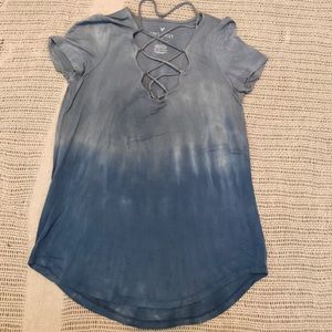 Blue Dip Dye with Front Lace-Up V Neck